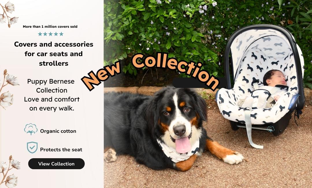 Collezione Puppy Bernese con accessori morbidi per seggiolino auto e passeggino by Jyoko.